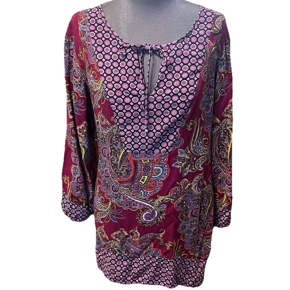 Figueroa & Flower Women’s Maroon Paisley Tunic Long Sleeve V- Neck Tie Neck L